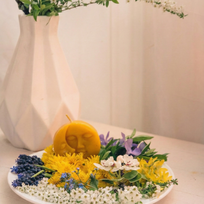 Kunstvoll kreisförmig arrangierte bunte Blüten auf einem Teller neben einer weißen Vase